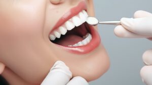 Zahnärztliche Untersuchung der Zähne, junge Patientin untersucht die Zähne beim Besuch eines Facharztes.