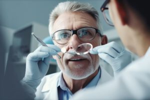 Ein Zahnarzt mit Lupenbrille untersucht sorgfältig den Zahn eines Patienten mit einer Zahnsonde