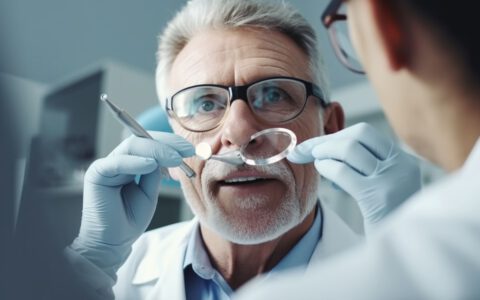 Ein Zahnarzt mit Lupenbrille untersucht sorgfältig den Zahn eines Patienten mit einer Zahnsonde